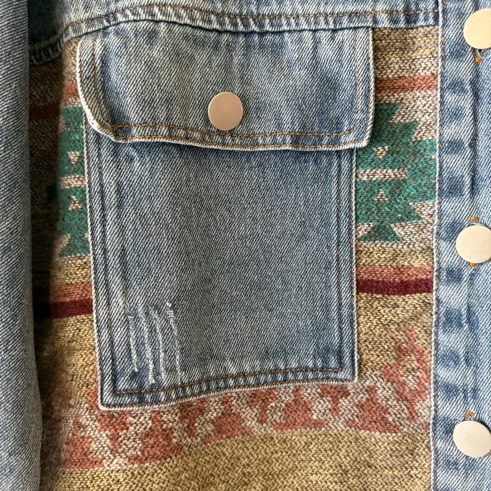 Denim & Aztec Pattern Oversized Patchwork Jacket … - image 5